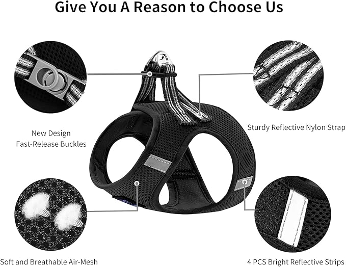 Cat Harness and Leash for Walking Escape Proof, Adjustable Soft Mesh Comfortable Vest Harnesses for Cats, Breathable Reflective Strips Easy to Put on Step-in Kitty Jacket (Black, L)