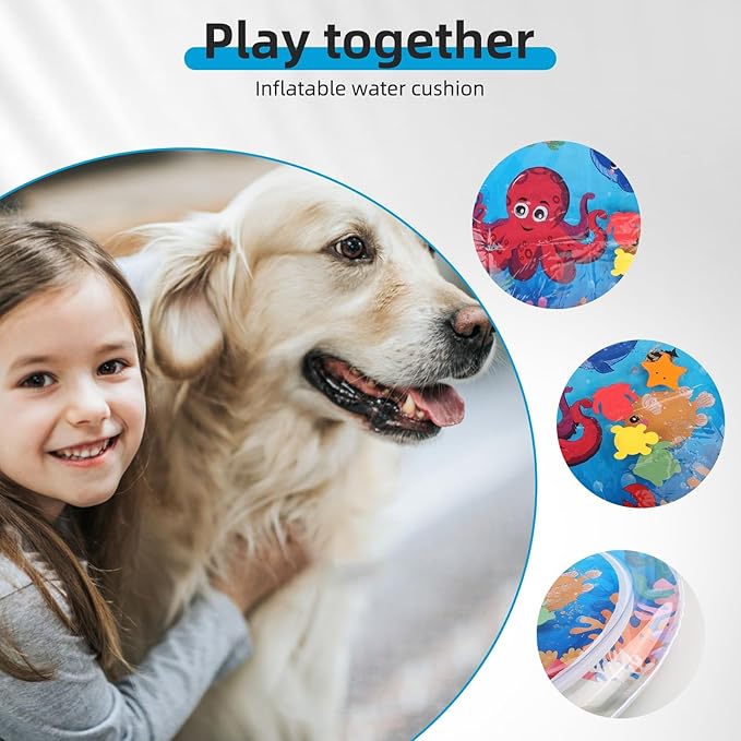 Interactive Sensory Water Play Mat for Cats & Kids - 2024 Cool Comfort Inflatable Tummy Time Mat with Thickened Water Sensor Technology (Round)