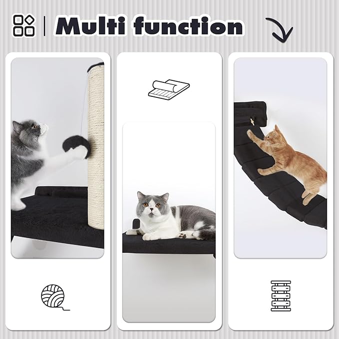 Cat Wall Shelves - 7 Pcs Luxury Wall-Mounted Cat Furniture, Including 2 Cat Wall Shelves 2 Solid Wood Steps 1 Cat Bridge Ladder 1 Sisal Cat Scratcher Post 1 Hanging Ball for Large Cats (Grey)