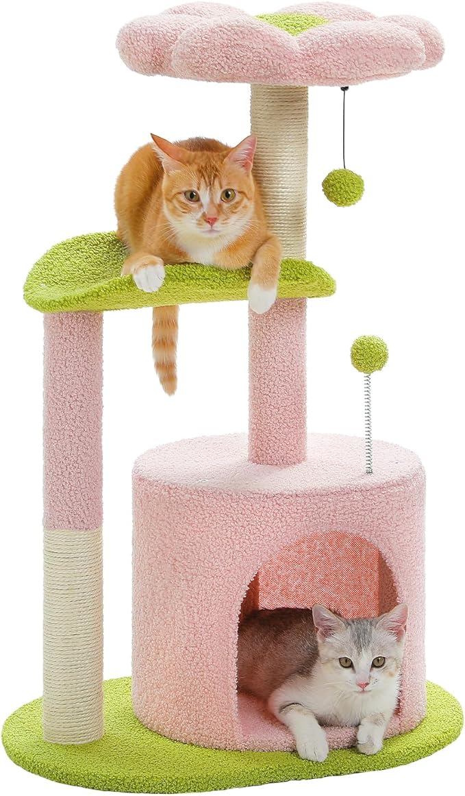 PAWZ Road Flower Cat Tree Pink 32” Small Cat Tower Cat Scratching Post with Curved Perch, Cozy Cat Condo Removable Flower Bed for Kittens and Small Cats-Pink