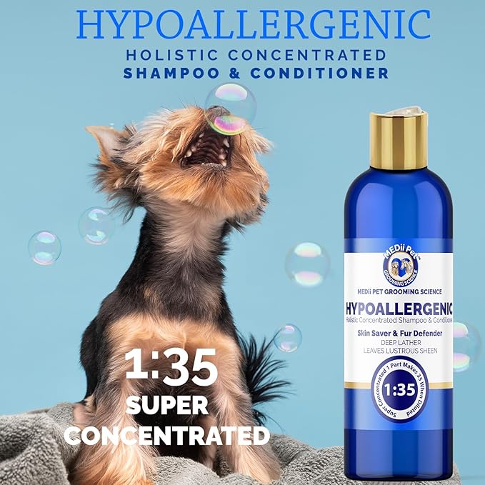 16oz Super Concentrated Hypoallergenic Dog & Cat Shampoo & Conditioner. Gentle Cleansing for Sensitive Skin, Itch Relief Formula, Puppy Safe Makes 4 gallons when diluted or use full strenght