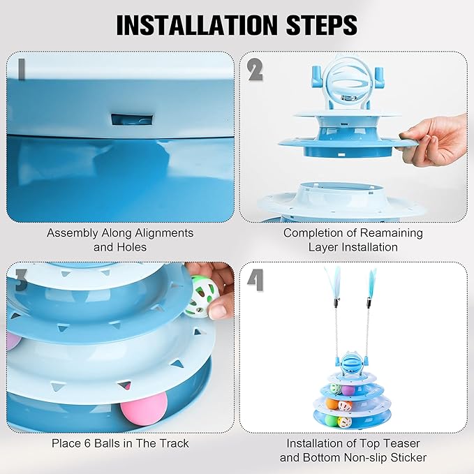 2 in 1 Cat Interactive Toy Roller 3-Level Turntable Cat Toy Cat Slow Feeder Food Dispenser Cat Kitten Wand (Blue-C)