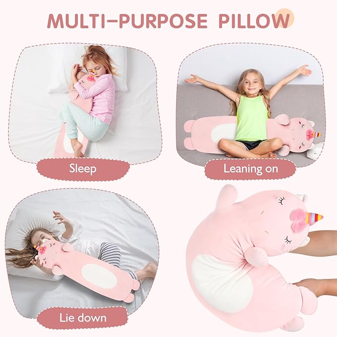 36” Long Unicorn Plush Body Pillow, Kawaii Cute Pink Unicorn Stuffed Animals, Hugging Squishy Pillow Soft Plushies Toys, Gifts for Girls Boys Kids Birthday Easter