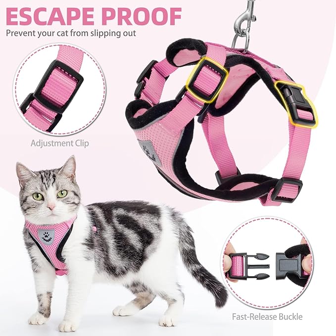 PUPTECK Cat Harness and Leash Set Escape Proof Reflective Cat Walking Harness Adjustable Soft Breathable Mesh Vest for Small Pets, Light Pink, S