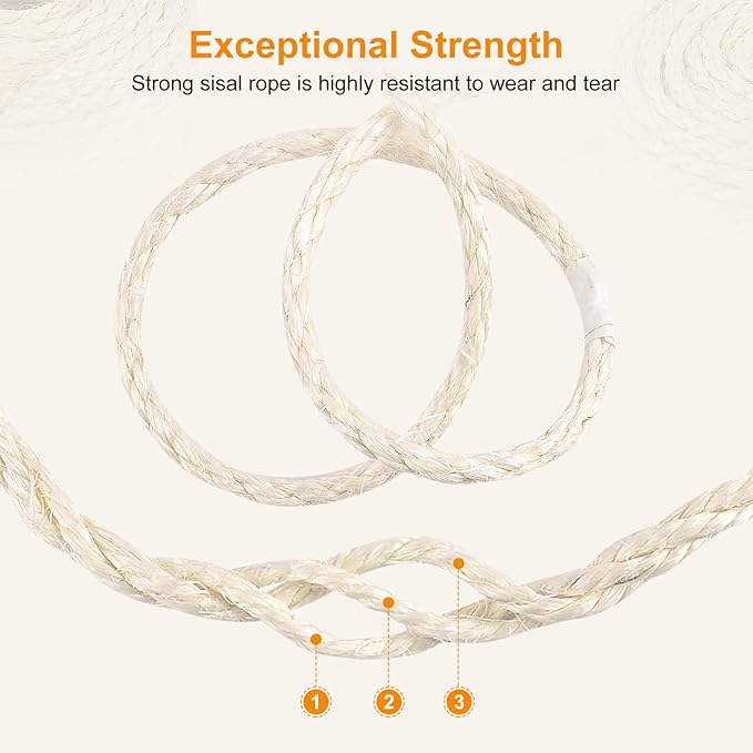 SIsal Rope for Cat Scratcher 1/4" 100 Foot White Natural Sisal Rope for Repairing Cat Scratching Post