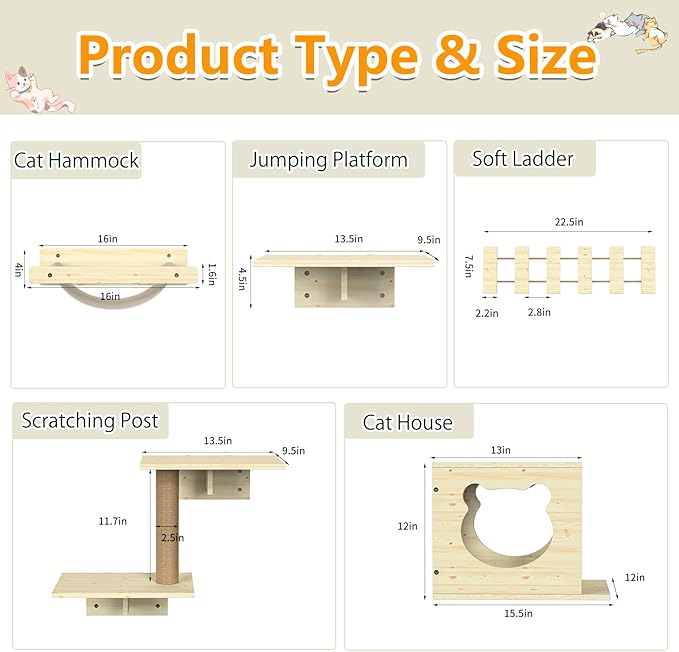 Cat Wall Shelves, Cat Wall Furniture, Cat Wall Mounted with 1 Cat House, 1 Cat Hammock, 2 Ladder, 4 Cat Perchs, 1 Cat Scratching Post for Cat Sleeping Playing Climbing