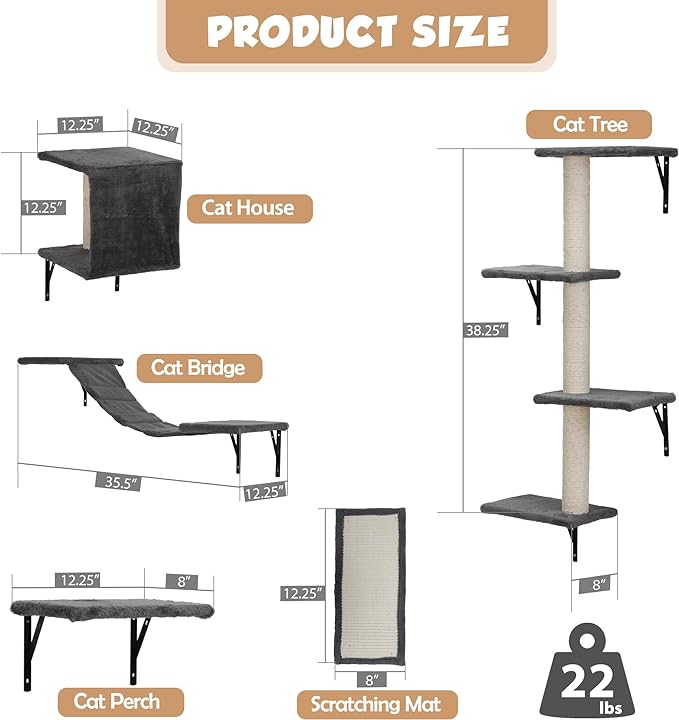 COZIWOW Cat Wall Shelves, Wall-Mounted Cat Climber Set of 5, Floating Cat Perches, Hanging Cat Beds, Modern Cat Furniture for Large Cats or Kitty (Grey)