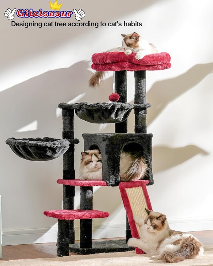 Gothic Cat Tree, Halloween Cat Tower with condo, 2 Baskets, Large Platform, Scratch Board, Cat Scratching Posts for Indoor Cats, Black and red GCT003SBR