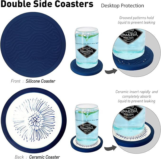 6-Pack Indigo Silicone Coasters with Deep Tray Holder - Double-Sided Drink Coasters - Beverage Mats for Hot or Cold Drinks - Thick, Non-Slip, Non-Stick Silicone with Ceramic Insert