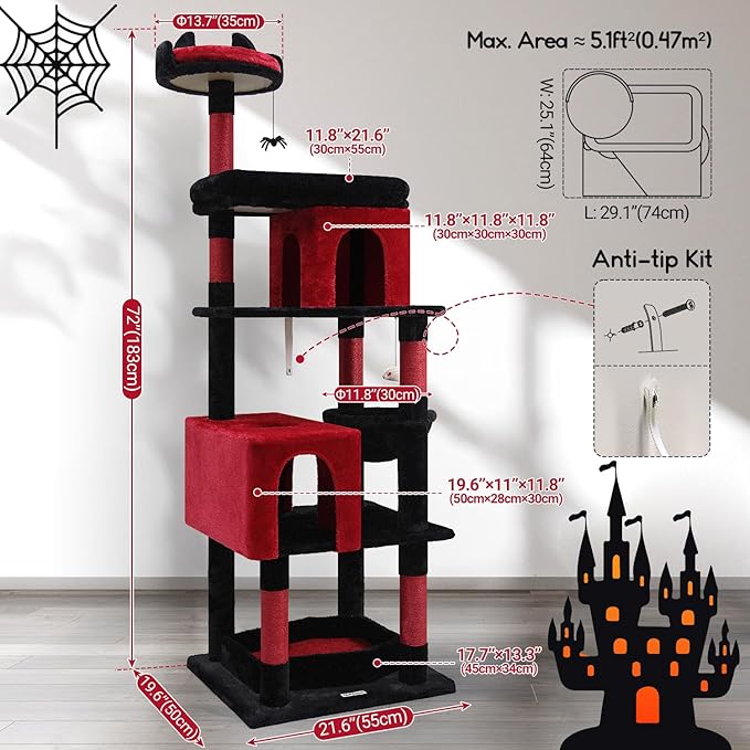 S72 Heavy Duty Gothic Cat Tree, 72in Large Cat Tower with Coffin Bed, Sturdy Maine Coon Cat Tree for Large Cats 20 lbs+, Medieval Castle Style with 6 Scratching Posts & Hammock, Black & Red