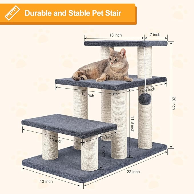 Dog Stairs, Cat Scratching Post 3 Steps Stairs for Cats and Dogs, Stable 20 inch Pet Stairs for High Beds & Sofas Protect Pet's Joints, Grey