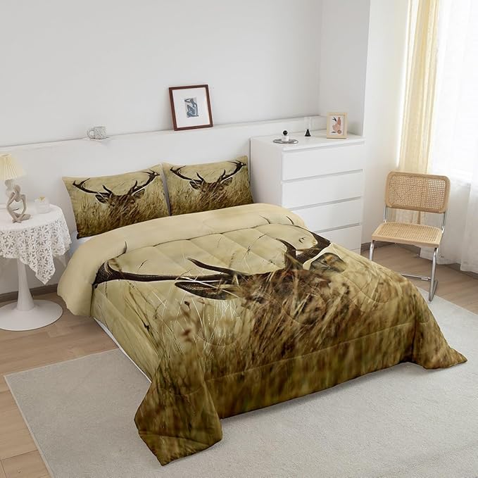 Antler Comforter Set King, Whitetail Deer Down Comforter, Stag Quilted Duvet, Countryside Rural Hunting Theme Comforter Set for Christmas Decorations Bedroom Decor All Season, Ultra Lightweight