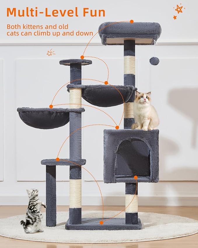 Taoqimiao Cat Tree, 48-Inch Cat Tower for Kittens, Cat Tree Tower with 5 Scratching Posts, Plush Cat Condo with Plush Perch, 2 Hammock, Pompoms, Smoky Gray MS019L-G