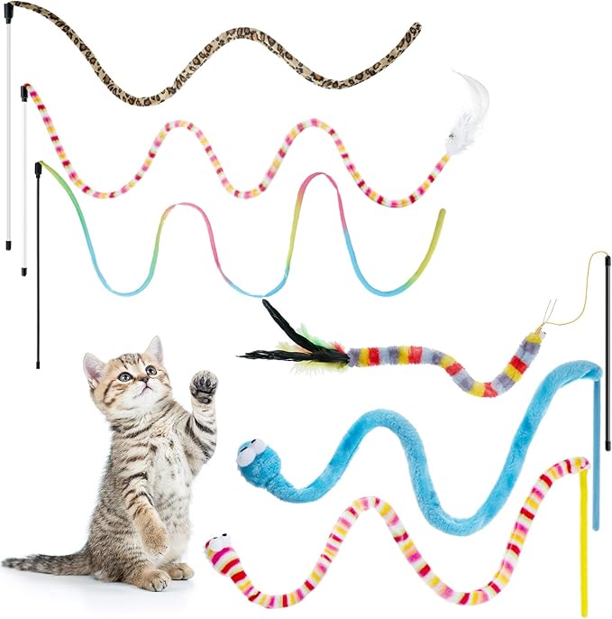 6 Pieces Cat Toys Interactive Cat Wand Toys with Feather and Bell Safe Cat Teaser Catcher Stick Toy Colorful and Sounding Christmas Wand Toys for Cats Kittens Training Pets Exerciser