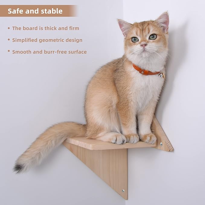 Cat Wall Shelves for The Corner, Wall Mounted Cat Shelves and Perches, Solid Wood Floating Cat Wall Steps Cat Wall Hammock Cat Wall Furniture for Sleeping, Playing, Climbing
