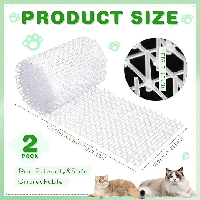 Sanwuta 2 Pcs 26.3 ft Cat Spike Mat Outdoor Cat Deterrent Mat with Spikes Prickle Strips Indoor Dog Digging Deterrent Anti Cats Network Cat Spikes with 10 Staples for Garden Fence (White)