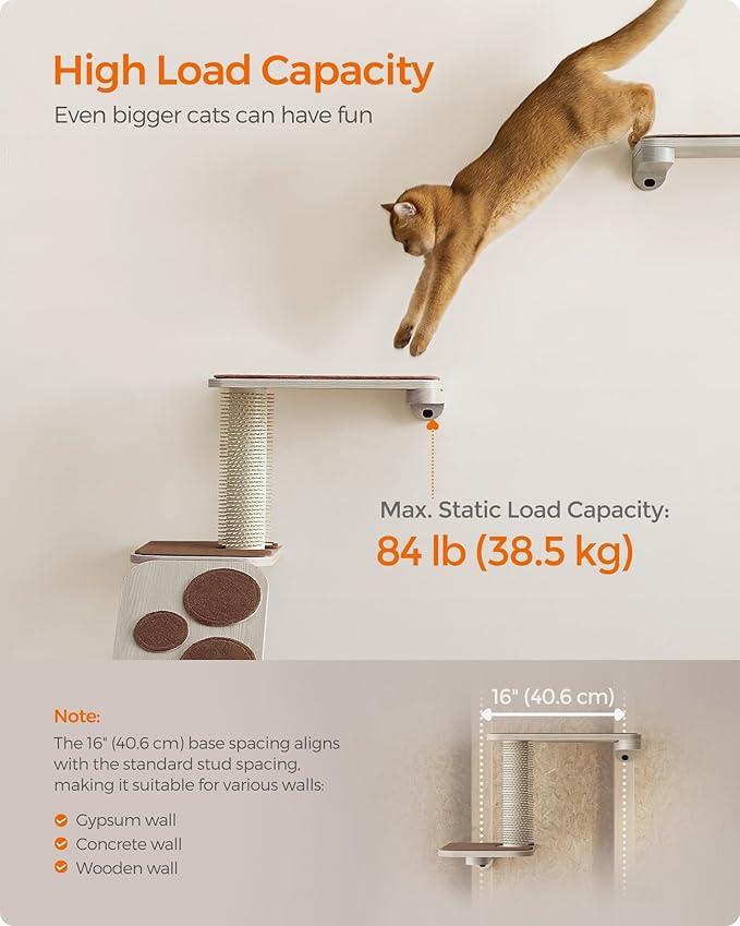 Feandrea Clickat Collection - No.004 Cat Stairs, Wall-Mounted Cat Ladder with Shelves, Self Groomer, Extremely Quick Assembly, Unlimited Expandability, Replaceable Washable Felt Pads