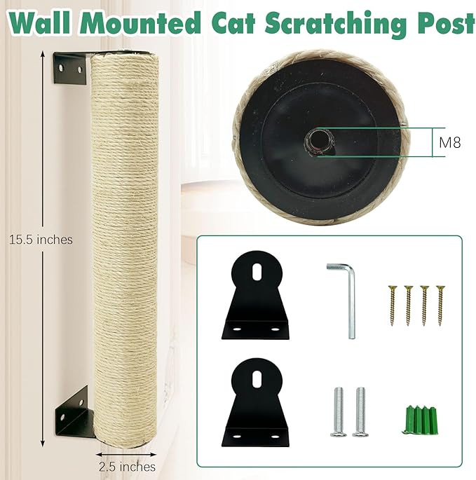 Wall Mounted Scratching Post for Cats 16 Inches Sisal Rope Cat Wall Scratcher Posts Wall Mount Cat Furniture for Indoor Kittty to Scratch and Climbing with Feather Toys