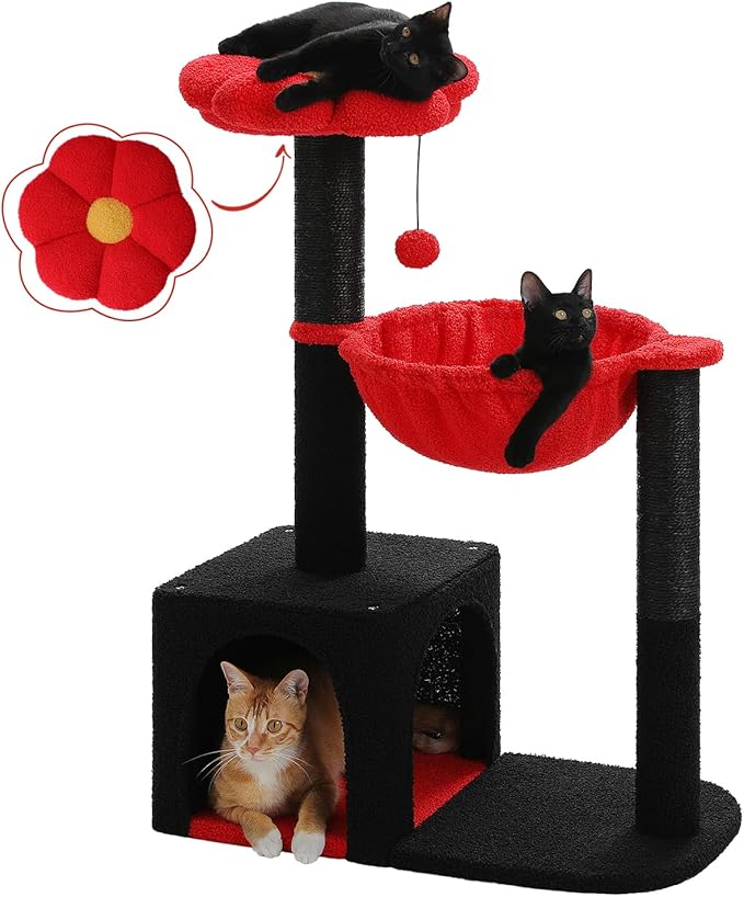 Flower Cat Tree with Black Scratching Posts, 35" Gothic Cat Tower with Large Metal Frame Hammock for Small Indoor Cats, Coffin Cat Condo with Cute Perch for Kittens Halloween, Black