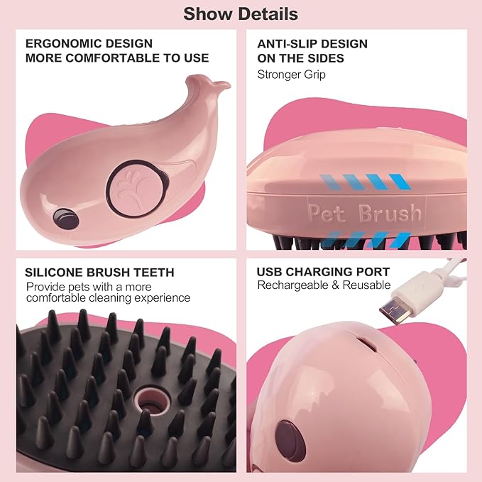 3in1 Cat Steam Brush,Multifunctional Rechargeable Cute Steamy Pet Brush for Short Or Long Hair Cats/Dogs To Massage/Clean/Eliminate Flying&Tangled Hair With USB Cable-Pink Whale
