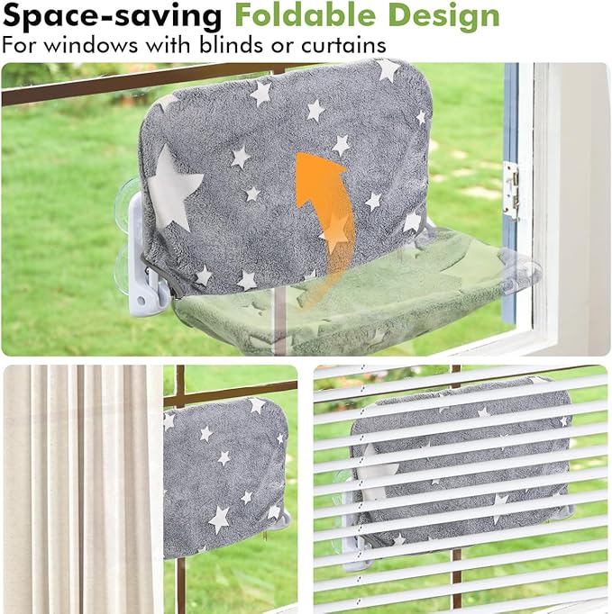 2PC Cat Window Perch, Glow in The Dark Cordless Foldable Cat Hammock Bed for Window with Sturdy Metal Frame, Stars Pattern Window Resting Seat for Indoor Cats (Stars Cat Bed, M-2PC)