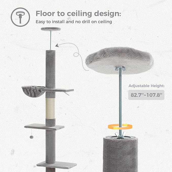 PETEPELA Floor to Ceiling Cat Tree, Cat Tower 5 Tiers Tall (83-108 Inches) Adjustable Height, Cat Climbing Tree Featuring with Cat Condo, Cat Scratching Post and Cat Perches for Indoor Cats, Grey