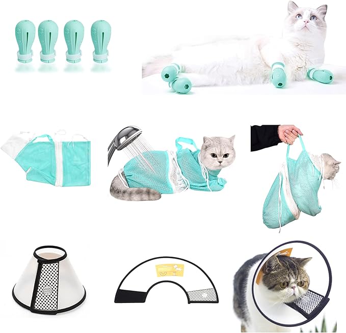 7 Pieces of Cat Bathing Supplies,Anti-Scratch Silicone Cat Shoes,Cat Claw Covers, Cat Shower Net Bag,Cat Bathing Bag,Cat Grooming Mesh Bag,Elizabethan Collar(No.3)