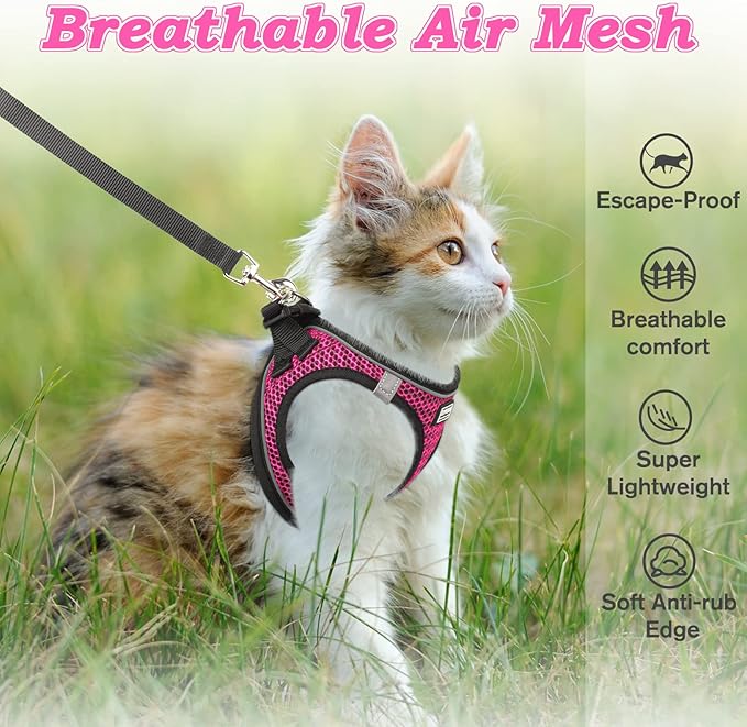 Cat Harness and Leash for Walking Escape Proof, Adjustable Kitten Vest Harness Reflective Soft Mesh Puppy Harness for Outdoor, Comfort Fit, Easy to Control (Pink, S)
