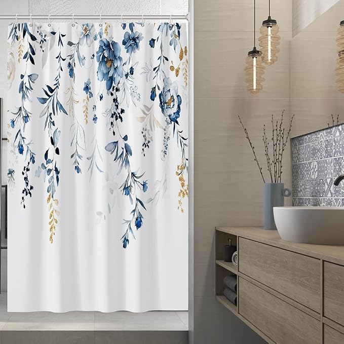 AWERT Blue Plants Shower Curtain with Hooks Watercolor Leaves Shower Curtain for Bathroom Waterproof Bathroom Accessories Bathtub Decor 48x72inch