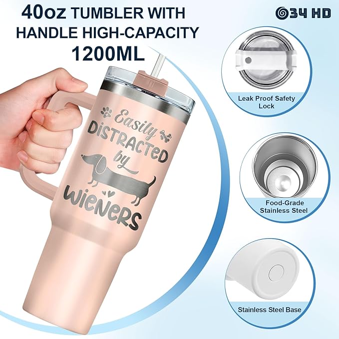 34HD 40oz Dachshund Mom Tumbler with Handle and Straw, Vacuum Insulated Doxie Coffee Mug with Lid, Birthday Gifts for Weiner Owners, Funny Gifts for Dog Mom Mothers Day Women