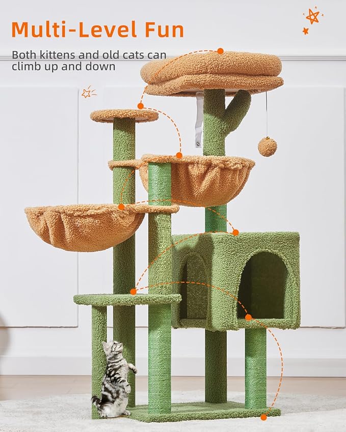 Taoqimiao Cat Tree, 39.4-Inch Cat Tower for Indoor Cats,Suitable for Kittens,Plush Cat Condo with 5 Scratching Posts, Plush Perch,2 Hammock,Pompoms, MS019T Cactus