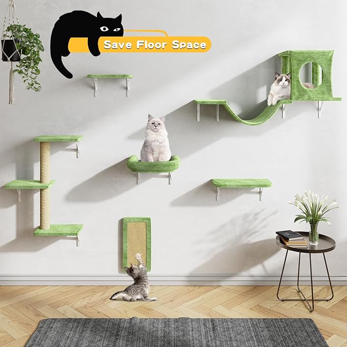Wall Mounted Cat Furniture, 6pc Cat Wall Furniture, Cat Climber with Cat House, Bridge, Tree, Steps, and Scratcher, DIY Cat Walls Playground, Cat Shelves for Indoor Wall Furniture Set - Green