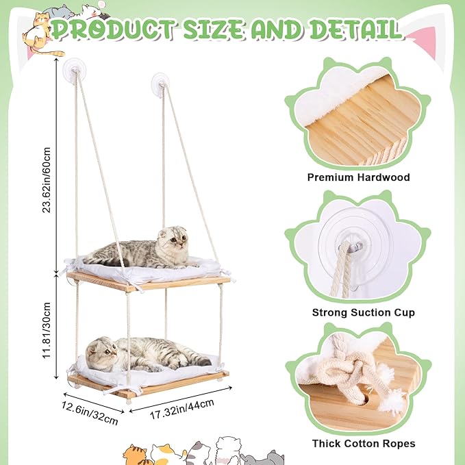 Cat Window Perch - Cat Window Hammock with Cushion Bed - Solid Wood Seat & Strong Suction Cups - Cat Window Bed & Furniture for Indoor - Hanging Window Shelf for Cats and Kittens(2-Layer)