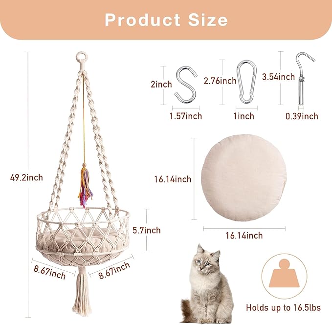 MEWOOFUN Hanging Macrame Cat Hammock Bed, Cat Swing Bed Space Saving Window Perch with Washed Cotton Mat & Funny Cat Toy for Indoor Cats