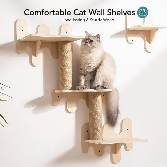 Mewoo Cat Wall Shelves, Wooden Cat Wall Furniture, Stable Cat Wall Steps, Cat House and Cat Perch for Wall Mounted, Cat Climbing Shelves Cat Ladder for Most Kittens & Adult Cats, Set of 4, Beige