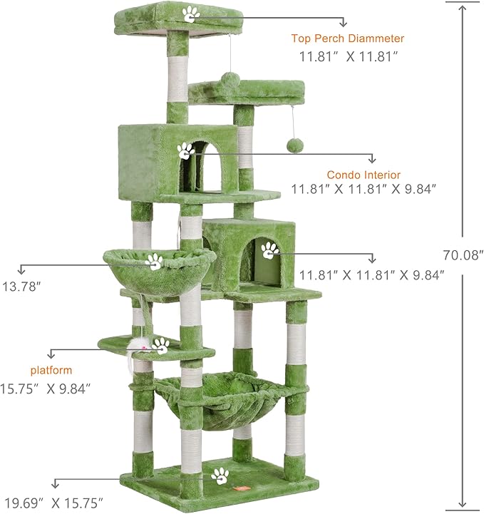 Heybly Cat Tree, 70 inches Tall Cat Tower condo with Toy for Indoor Large Cats, Cat House Furniture with Padded Plush Perch，Cozy Hammock and Sisal Scratching Posts,Green HCT032GR
