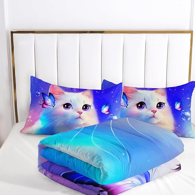 AILONEN Kids Cat Comforter Set Full Size,Butterfly Cute White Cat Bedding Set for Girls Boys,Purple Tint Duvet Set Cat Lovers 3 Pieces, 1 Quilt and 2 Pillowcases