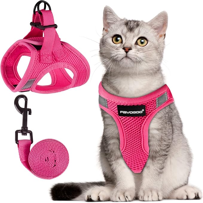 FAYOGOO Cat Harness and Leash Set for Walking Escape Proof, Kitten Harness and Leash Adjustable, Small Large Cat Walking Harness and Leash, Lightweight Soft Vest Harness and Leash(Medium, Pink)