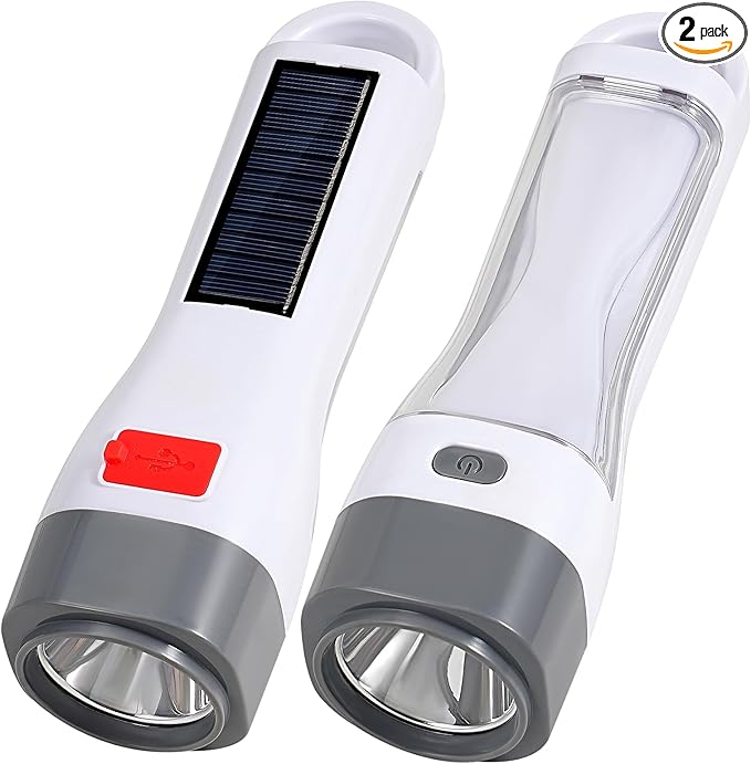 2 Pack Solar LED Flashlight for Power Outages, Rechargeable Camping Flashlights with High Lumens, 5 Modes, Powerful and Bright Tactical Flash Light for Emergency, Outdoor, Home Use