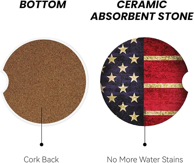 Absorbent Ceramic Car Coasters for Cup Holders, Vintage American Flag Design 2.56" Anti Slip Universal Drink Cup Coasters for Women Men (2 Pack)