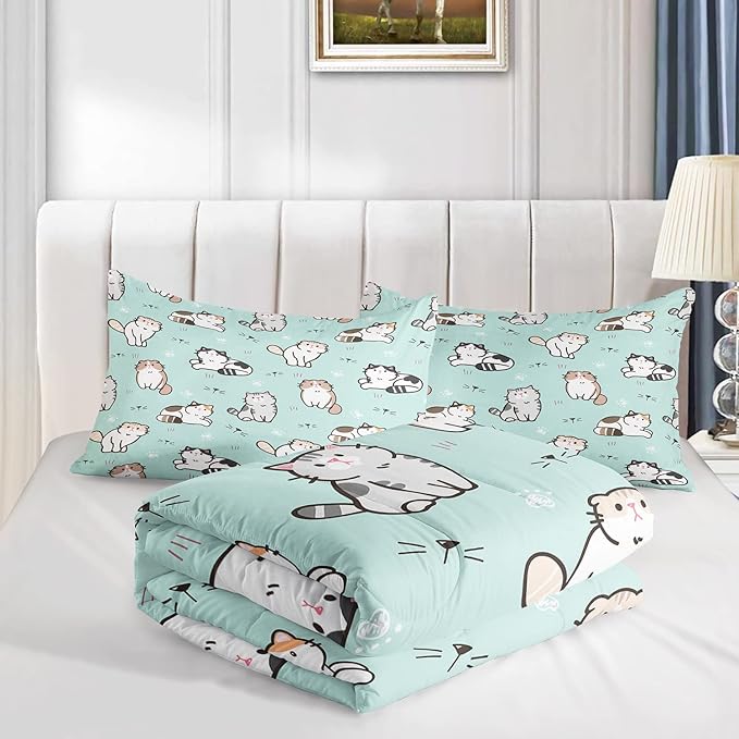 AILONEN Cat Comforter Set, Cat Bedding Set Twin Size for Girls,Bed in a Bag Superior Duvet for Teen,Easy Care,Microfiber,1 Comforter 2 Pillowcases 3 Piece