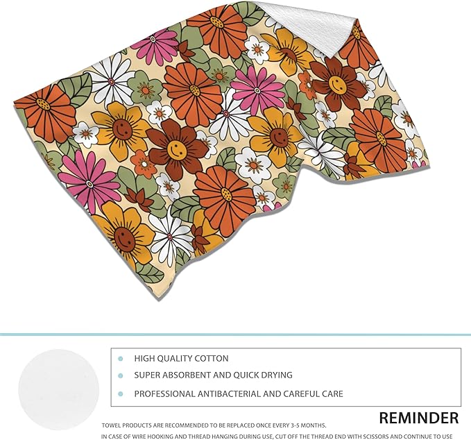 2 Pack Hand Bath Towel,70s Vintage Hippies Flowers Fingertip Towel Bathtub Decorative Bath Towel Bathroom Kitchen Towel Set Highly Absorbent SPA Gym Towels 14x28 Inch