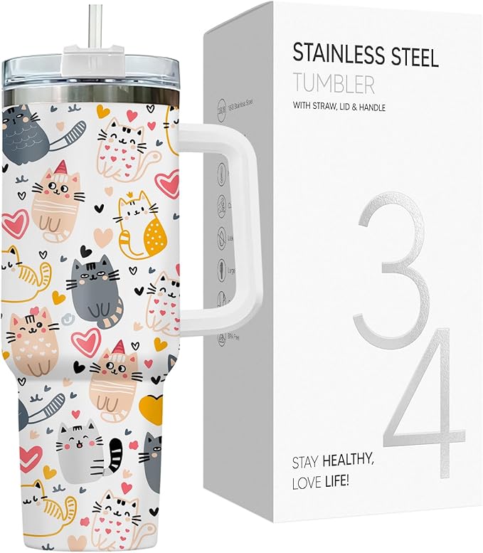 34HD Just A Girl Who Loves Cats Tumbler with Handle and Straw, 40oz Stainless Steel Vacuum Insulated Coffee Mug with Cats, Cat Mom Gifts for Women Birthday Mothers Day Christmas