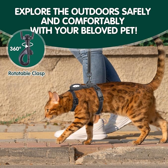 BINGPET Cat Harness and Leash Set Escape Proof for Walking,Adjustable Kitten Harness with Airtag Holder for Small Medium Large Cats,Easy Control Soft Harness with Reflective Stripes(Black Reflective)