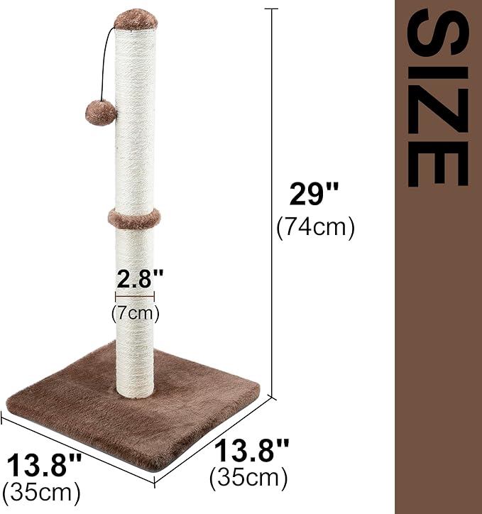 Dimaka 29" Height Tall Cat Scratching Post, Claw Scratcher with Sisal Rope and Covered with Soft Smooth Plush, Vertical Scratch [Full Strectch] for Standard Size Cats (Dark Brown, 29 inches)