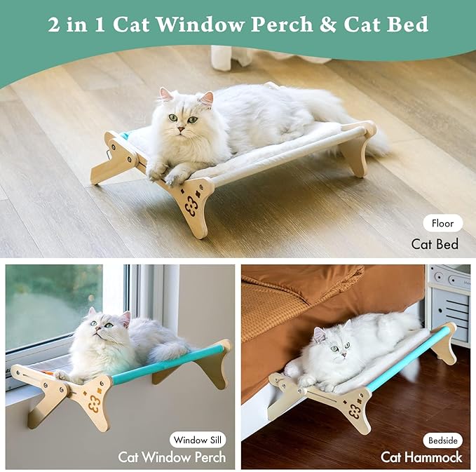 Cat Window Perch Cat Window Hammock Seat for Indoor Cats Sturdy Adjustable Steady Cat Bed Providing All-Around Sunbath Space Saving Washable Holds Up to 40 lbs (2 in 1 Blue with pad)