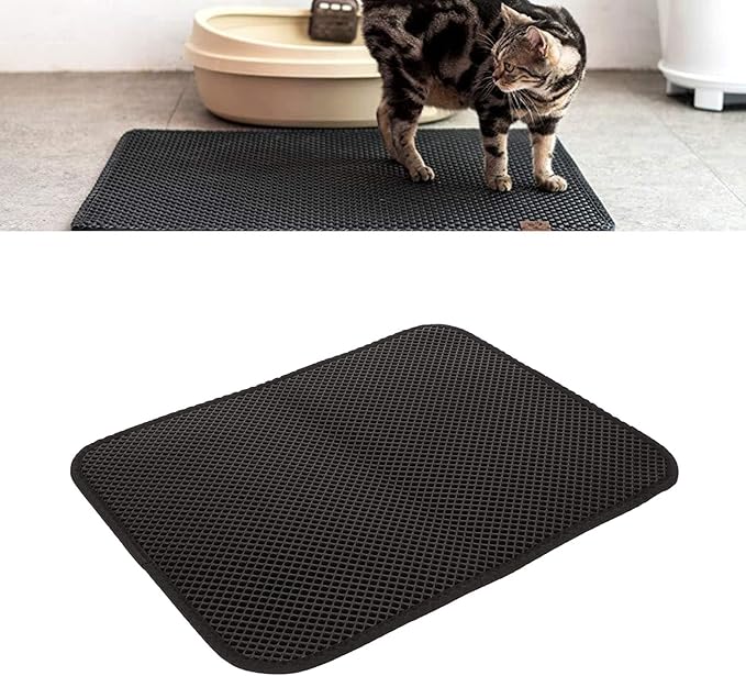 ASHATA Cat Litter Mat, Double Layer Design Urine Proof Trapper Mat for Litter Boxes, Double Layer EVA Litter Trapping Mat for Kitten, Easy to Clean Scatter Control (Black)