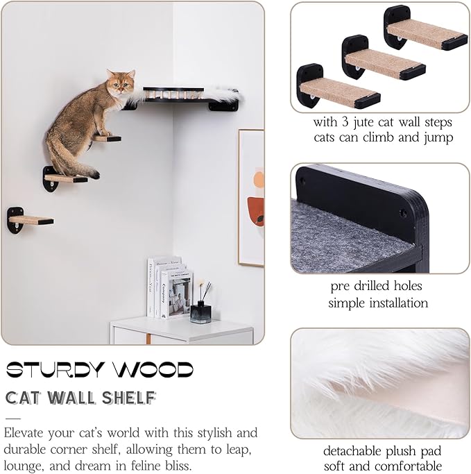 Cat Wall Shelves, Corner Cat Shelf with 3 Cat Wall Steps, Cat Shelves for Wall Large Cats Set, Cat Wall Bed with Plush Covered, Wall Mounted Cat Climbing Shelf for Indoor Cats (Black)