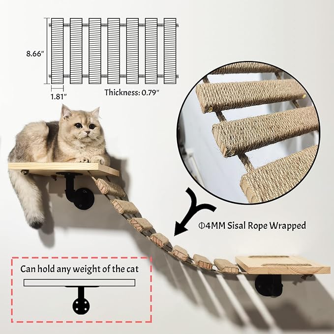 Cat Wall Frame for Climbing. Handcrafted Pine Furniture: Sisal Rope Suspension Bridge, Cat Hammock, Steps and Travel Platform. Suitable for Climb, Perch, Activity. DIY Cat Highway and Cat Wall.