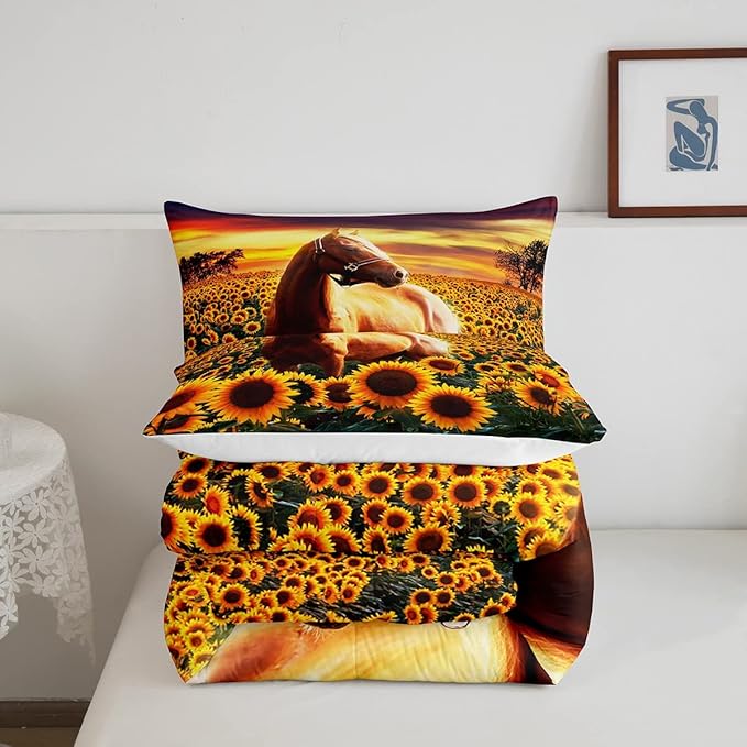 3D Horse Comforter Set for Kids Boys Wild Animal Down Comforter Girls Teen Adult Women Sunflower Quilted Duvet Brown Horse Bedding Comforters Cowboys Farmhouse Comforter with 1 Pillowcase, Twin Size
